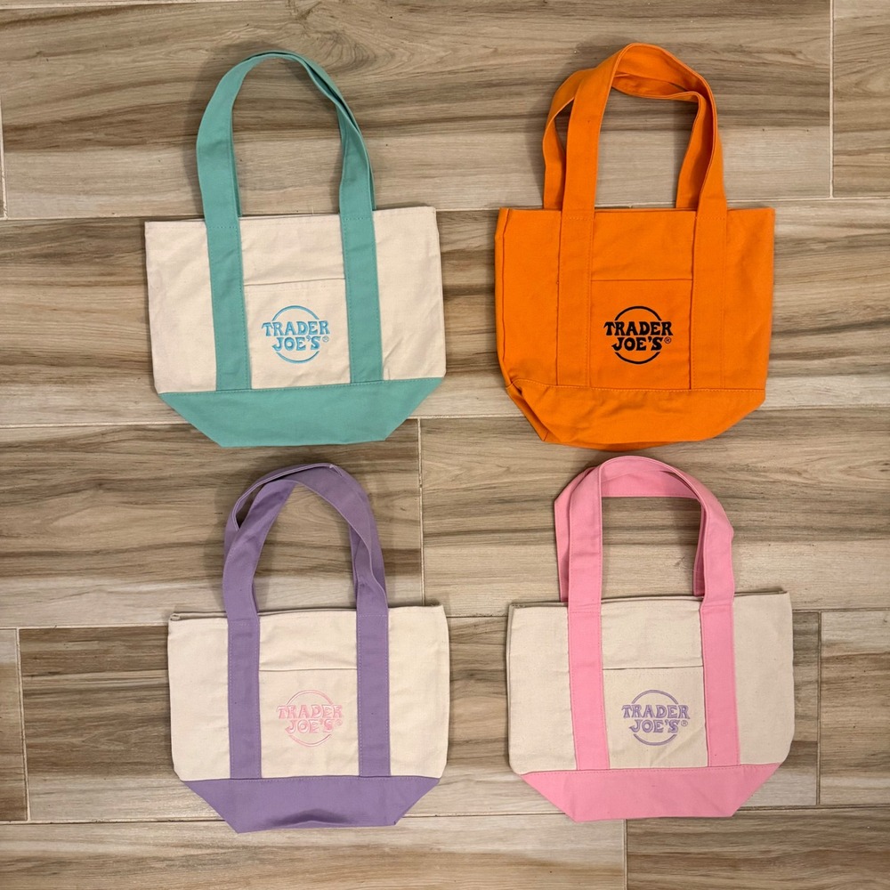 Trader Joe's Mini Canvas Tote Bag Set of 4 Teal Orange Lilac Pink Limited Ed